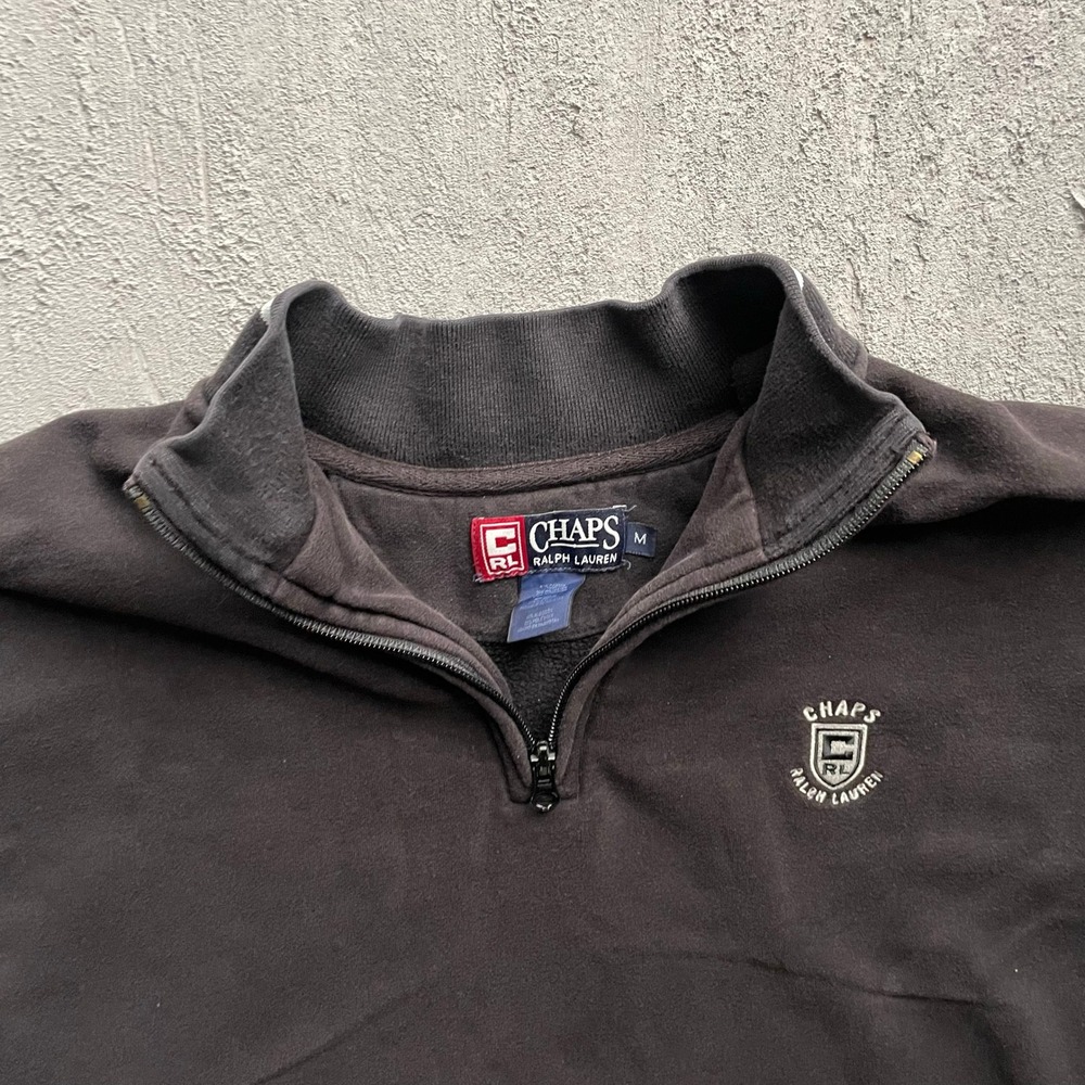 Vintage Chaps Ralph Lauren Quarter Zip Pullover Mens Medium Black 90s Cut Hem